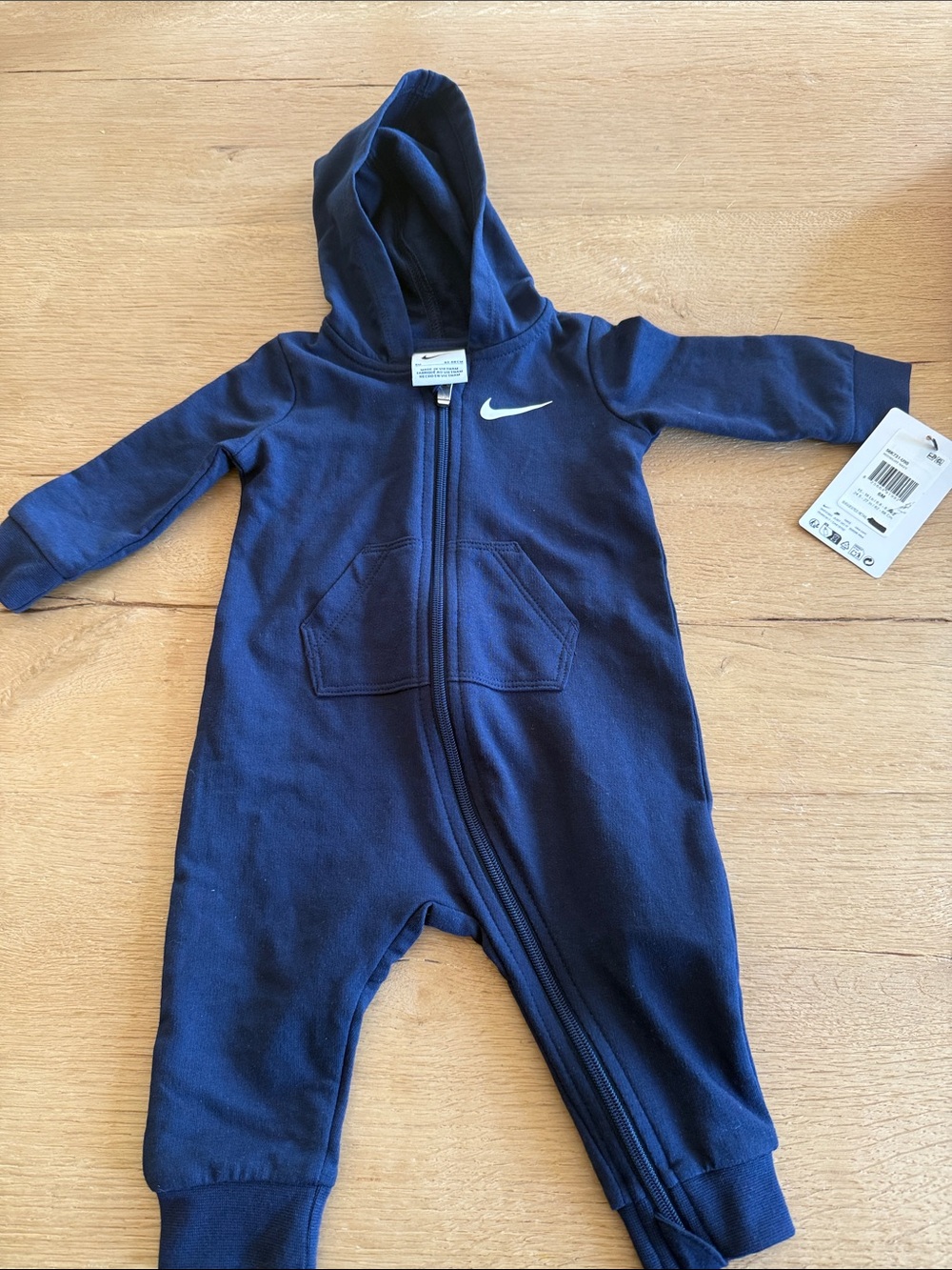 Nike Navy Hooded Baby One-Piece Footie with White Swoosh